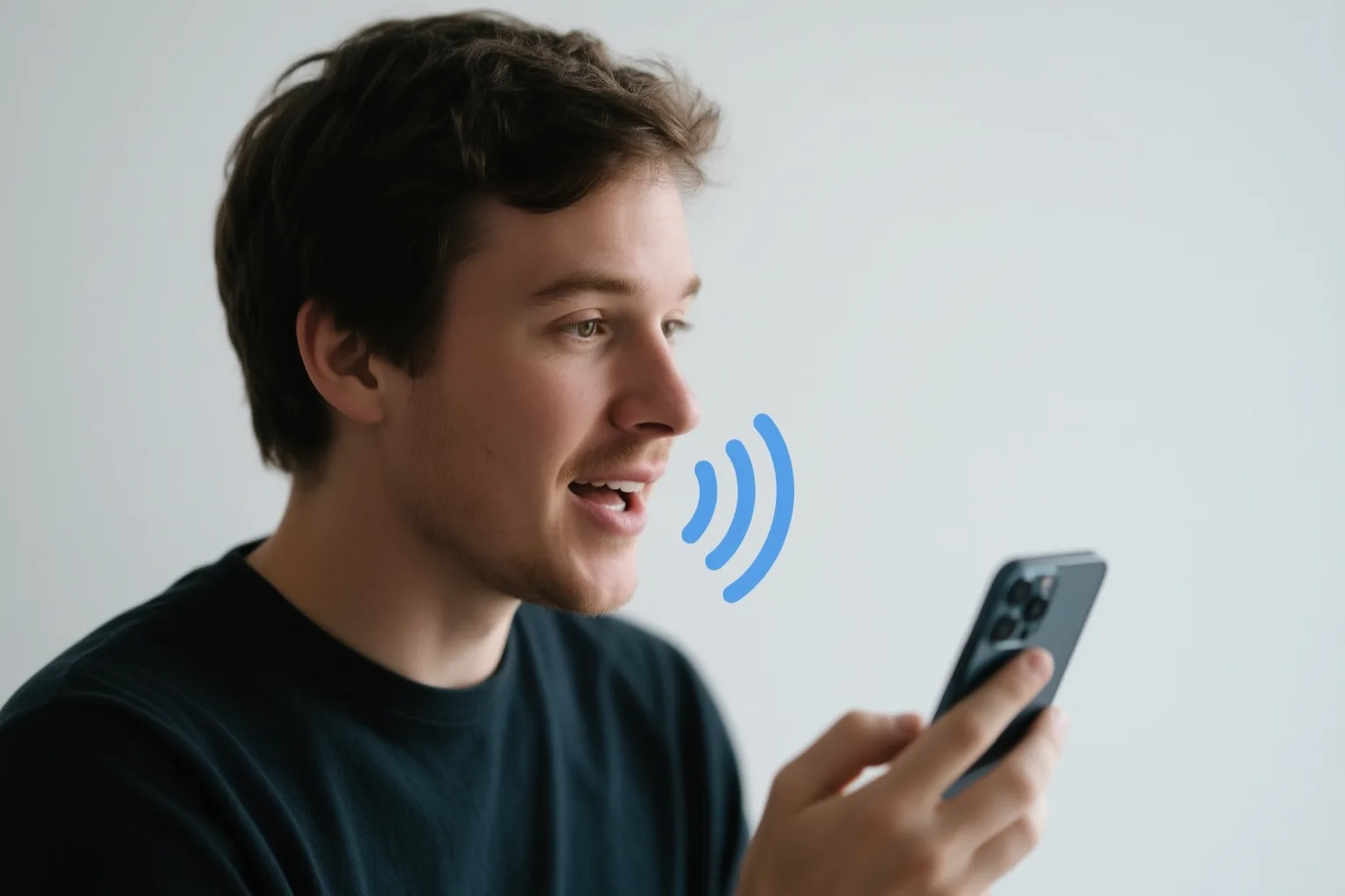 A person talking to a Langel on their phone, sound waves showing voice conversation