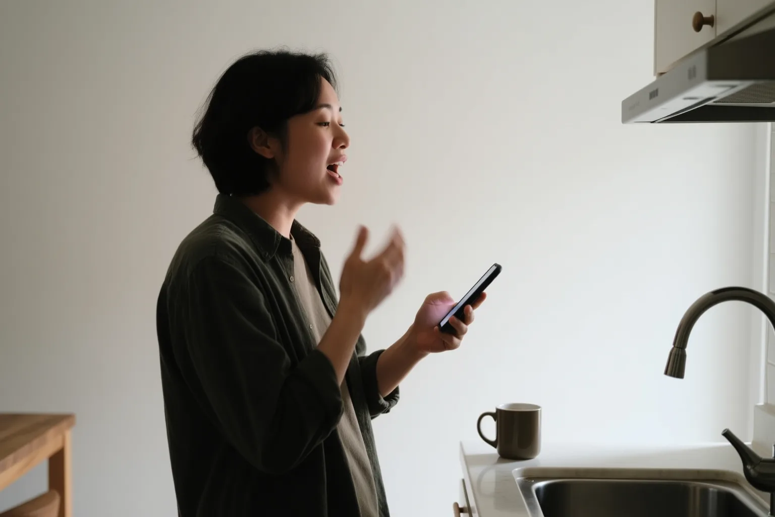 Person practicing Spanish out loud in a kitchen, holding a phone, with a coffee mug nearby.
