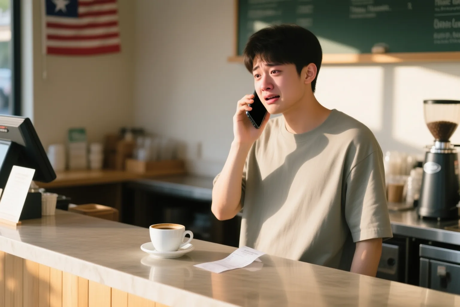 Person apologizing in Spanish at a cafe counter while holding a phone, friendly barista listening