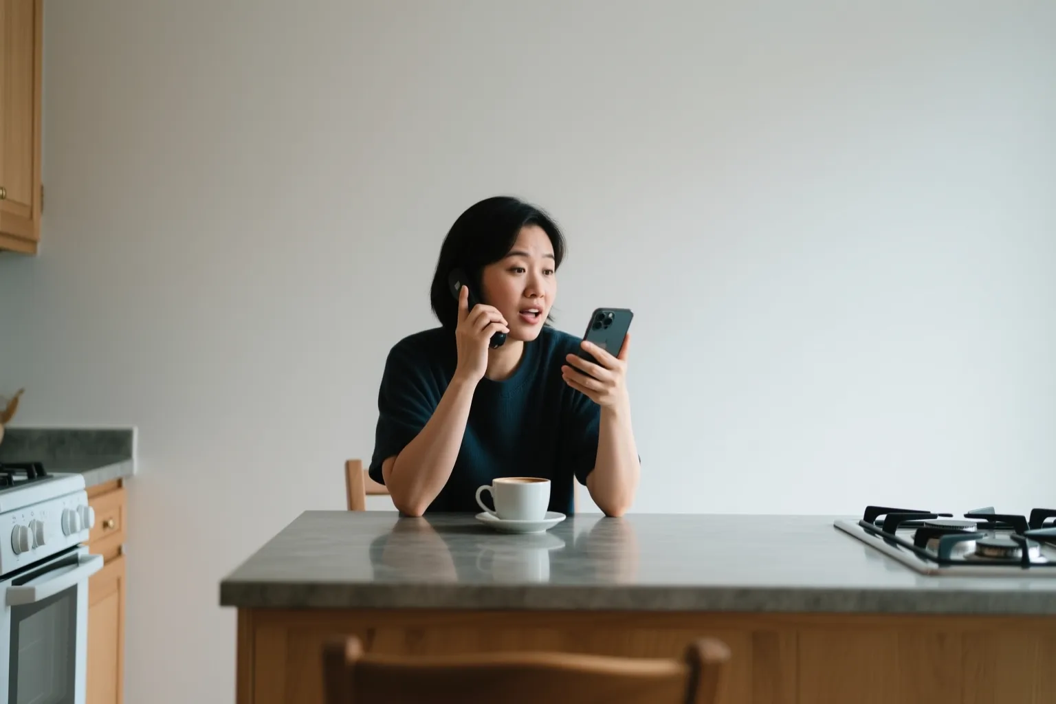 Persona hablando en inglés mientras sostiene un teléfono y una taza de café sobre una mesa de cocina