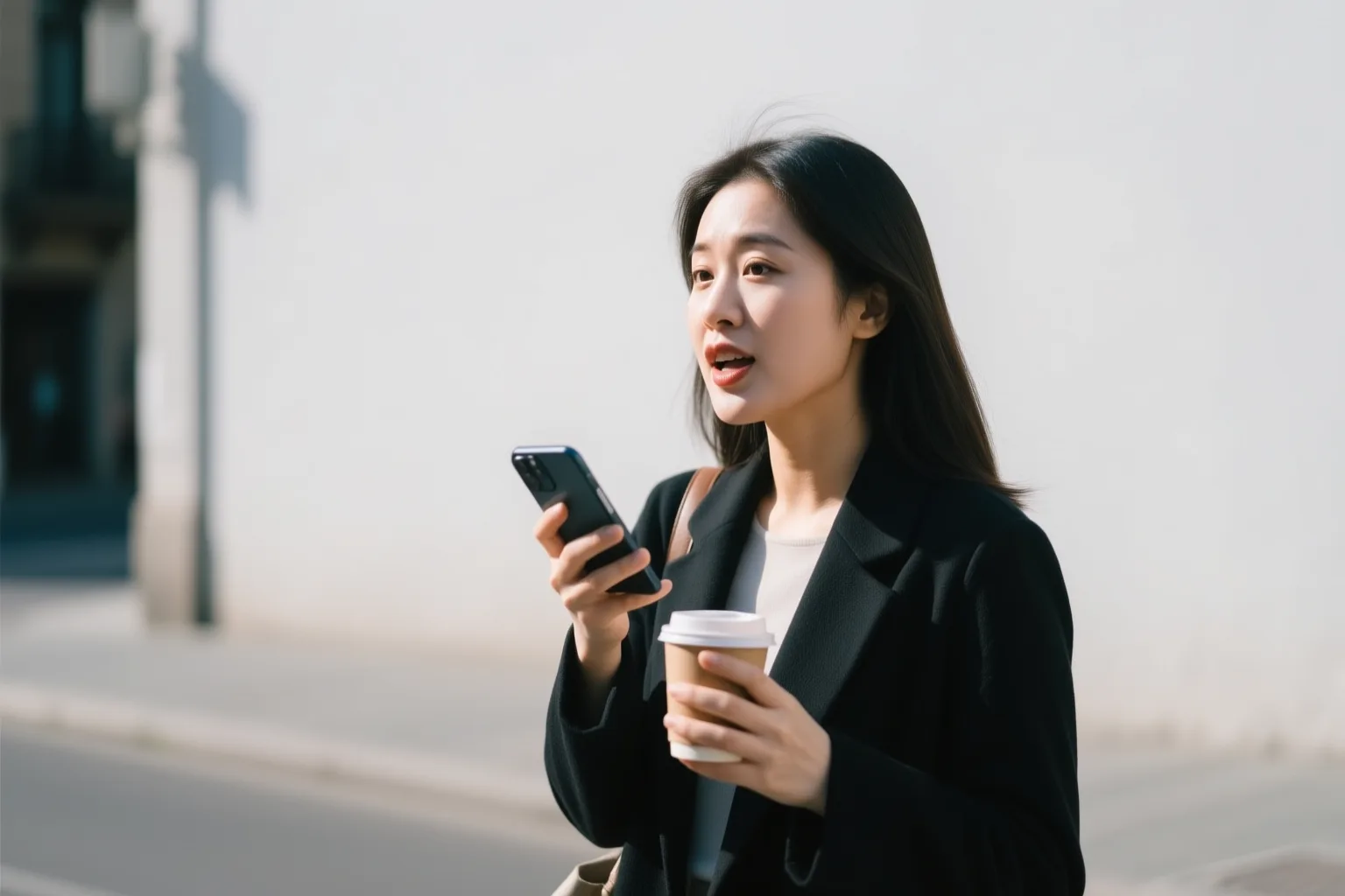 Mujer joven hablando en inglés por la calle, con móvil y taza de café