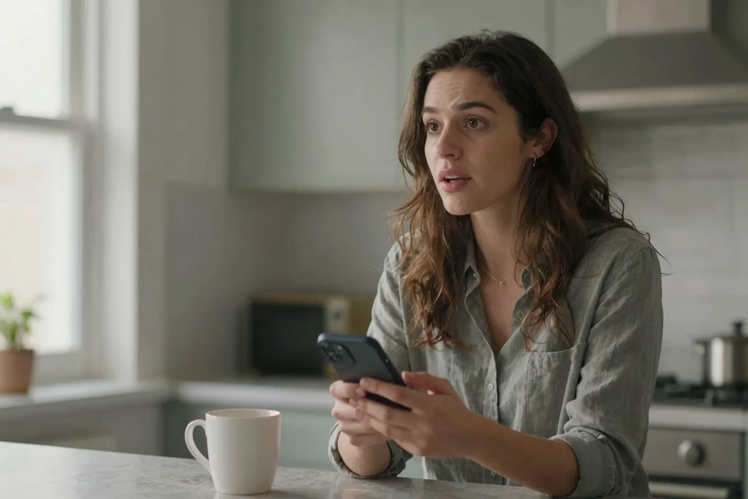 Joven hablando en inglés mientras sostiene su teléfono en la cocina, con una taza de café cerca