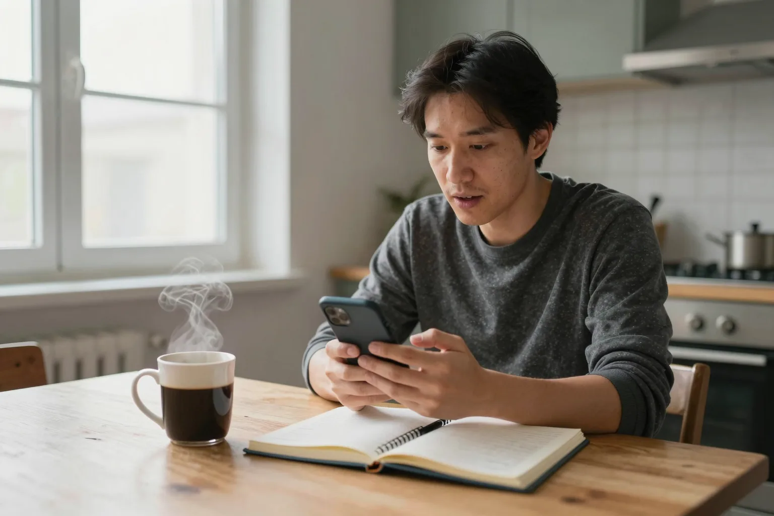 Personne parlant anglais à voix haute devant son téléphone, tasse de café et cahier sur la table de cuisine.