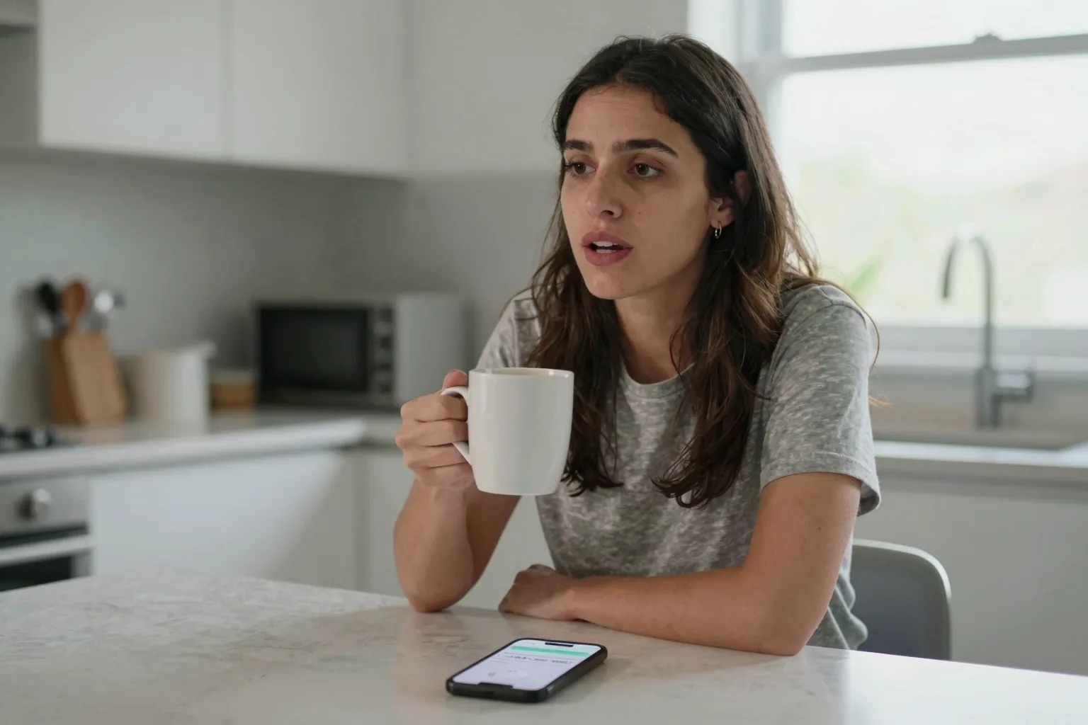 Jeune femme parlant espagnol à voix haute dans sa cuisine, tasse de café et smartphone sur le comptoir