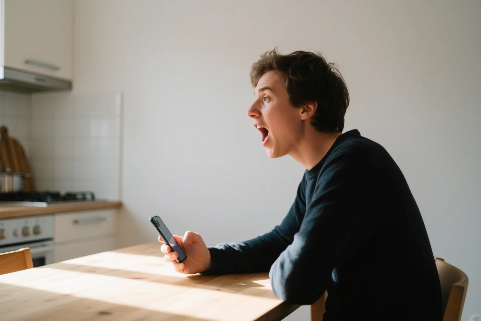 Person spricht deutsche Sätze laut in die Küche, Smartphone auf dem Tisch, Morgenlicht.
