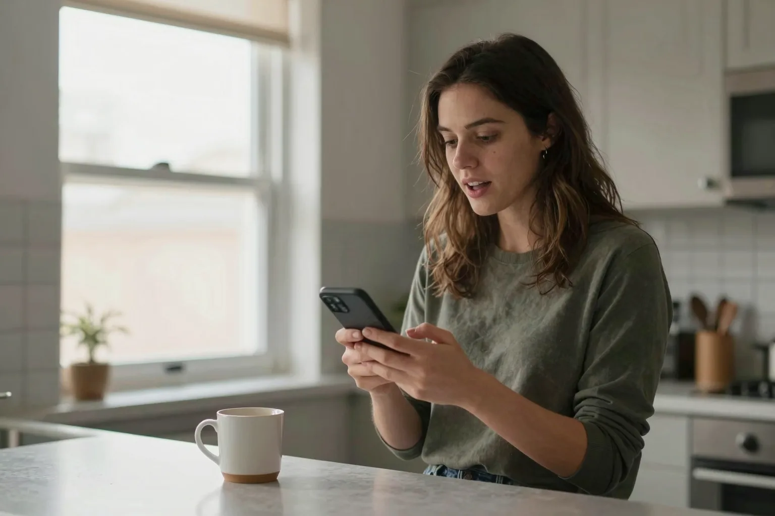 Junge Frau spricht Englisch laut in der Küche, hält ein Smartphone, Tasse auf der Theke, Morgenlicht.