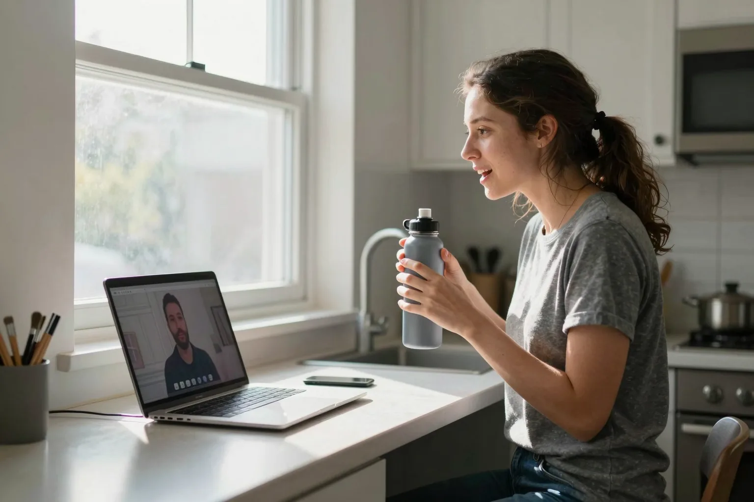 Young woman practicing English speaking aloud at her kitchen counter, holding a water bottle, laptop nearby.