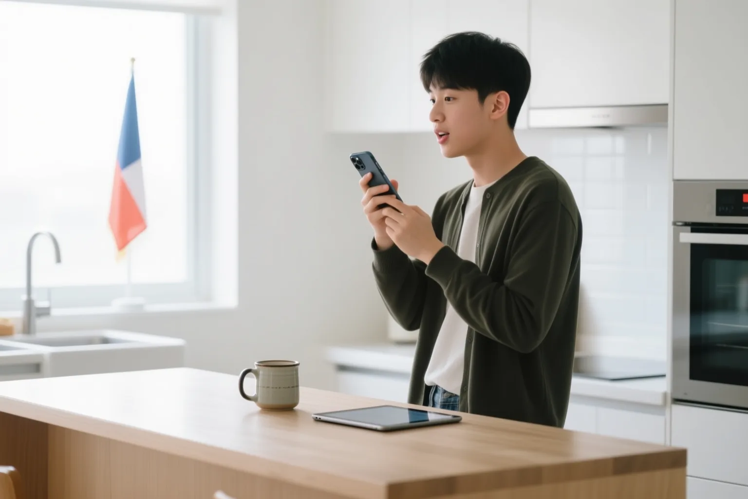Person speaking into a phone with a Langel avatar listening, waveform visualization showing real-time feedback