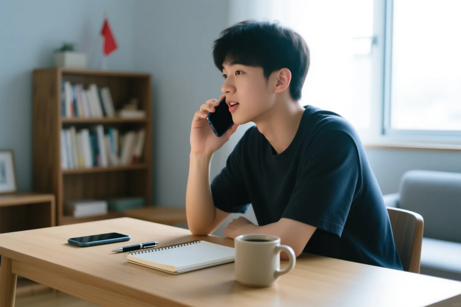 Personne face à un ordinateur portable parlant anglais à voix haute, avec des notes de questions d'entretien