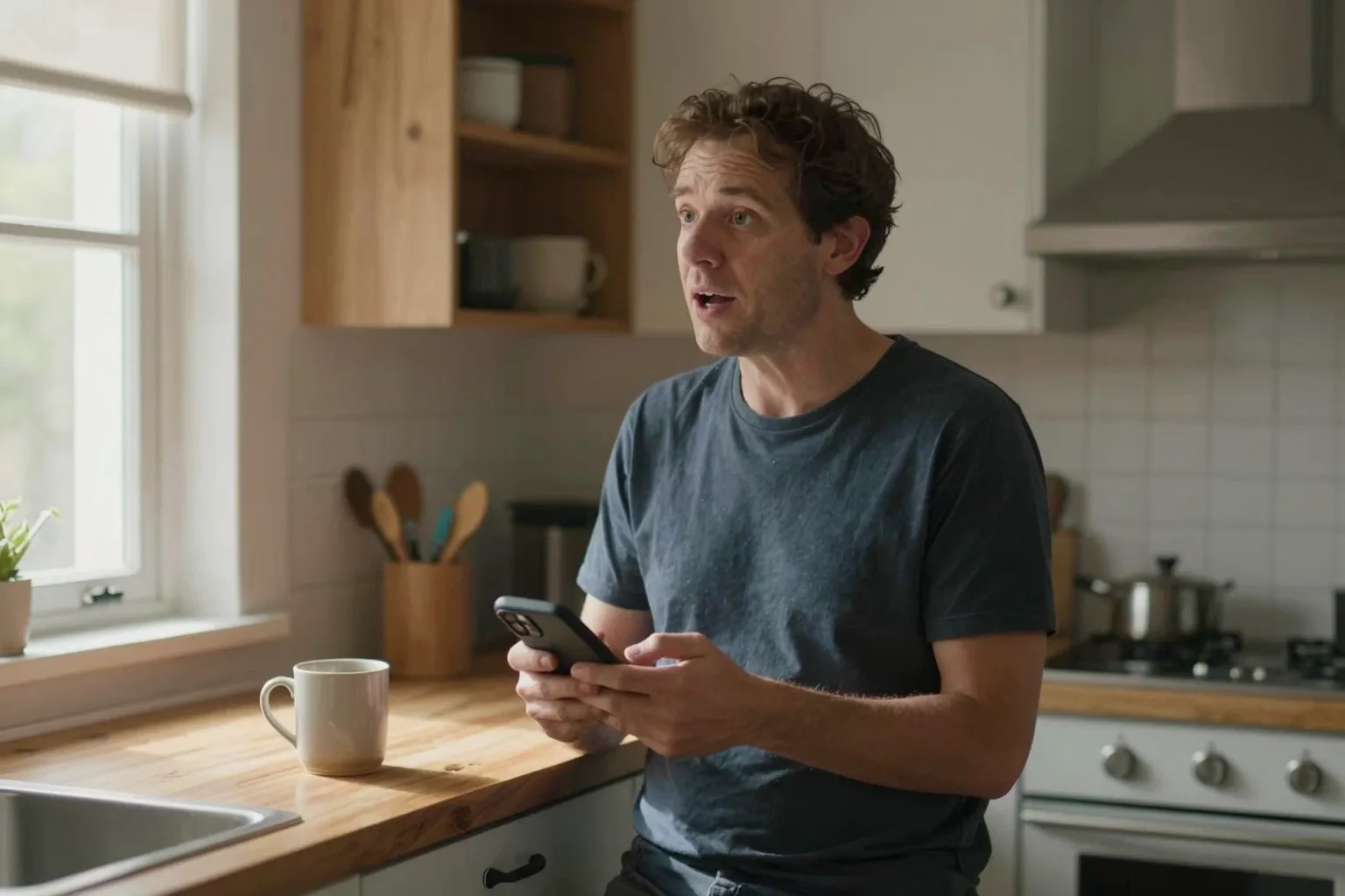 Person practicing French speaking aloud while holding a phone in a bright kitchen