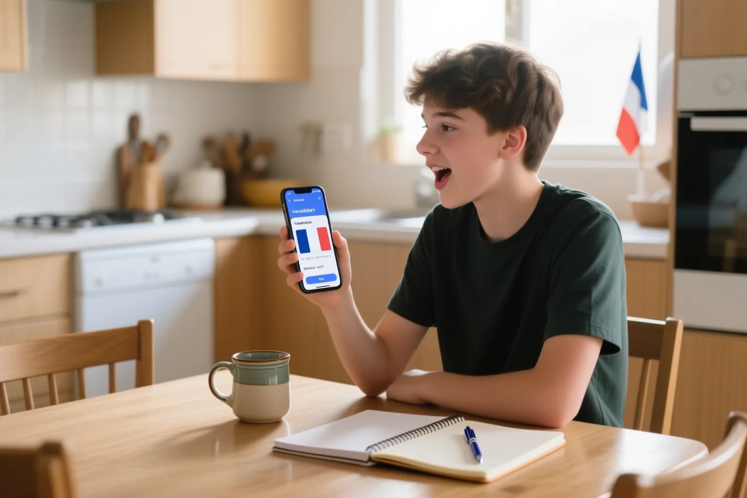 Fiches de vocabulaire français ouvertes sur une table de cuisine, avec un téléphone pour l'enregistrement vocal