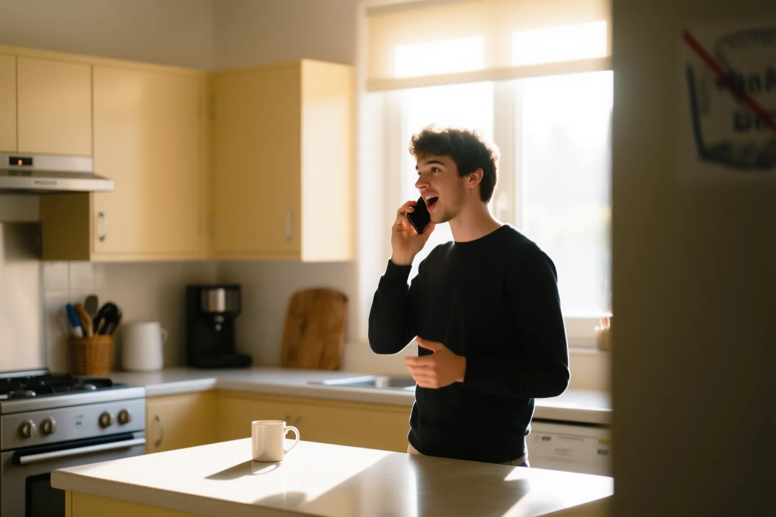 Person saying bonjour into a phone while making coffee in a sunlit kitchen
