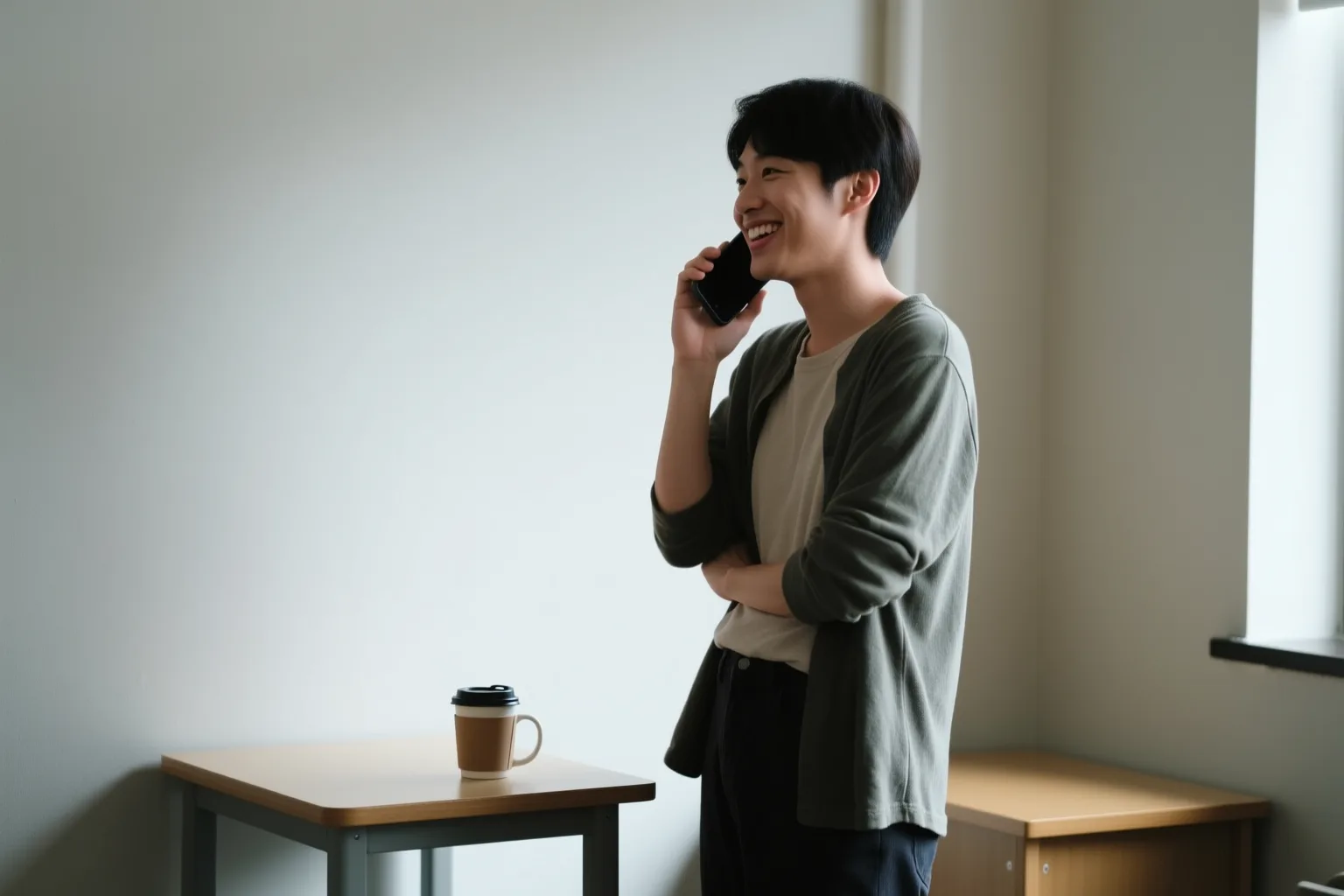 Person smiling while speaking Spanish into a phone, morning light through a window, a coffee cup on the table.