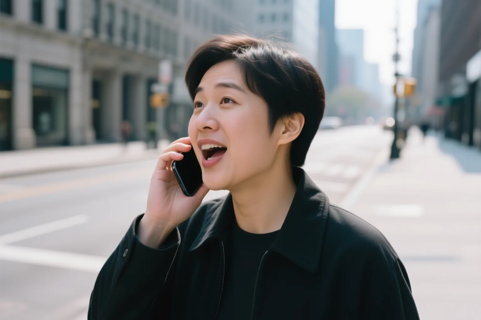 Person saying goodbye in Spanish on a phone call, speaking aloud while holding a phone, with a city street background.