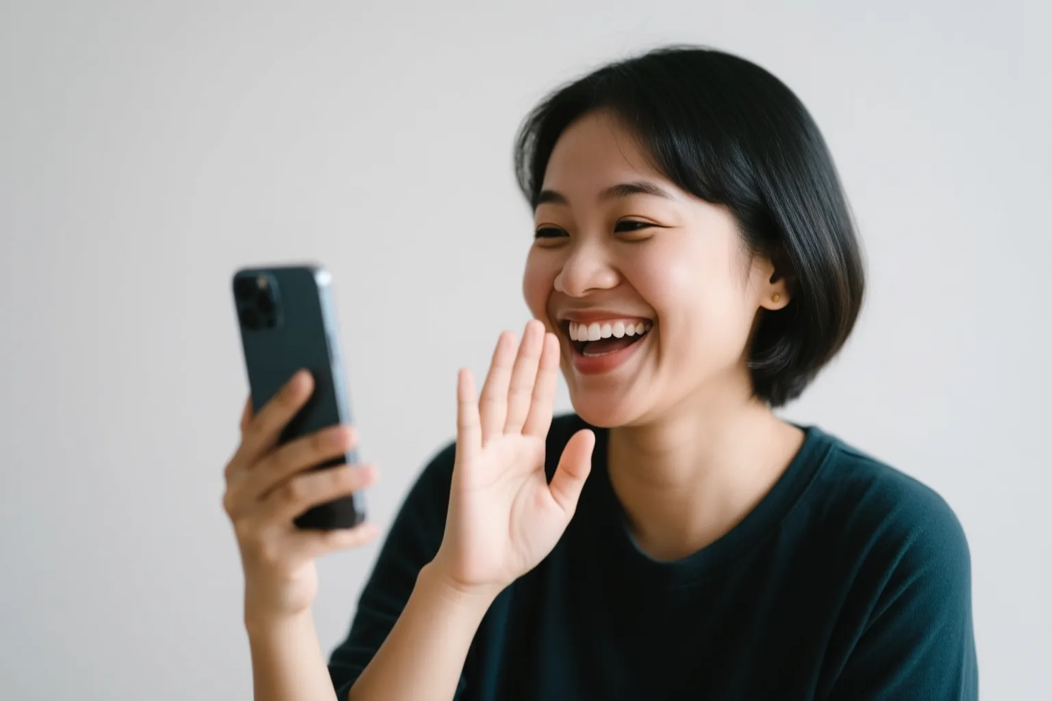 A person smiling while holding a phone, sound waves showing Spanish pronunciation of Feliz cumpleaños