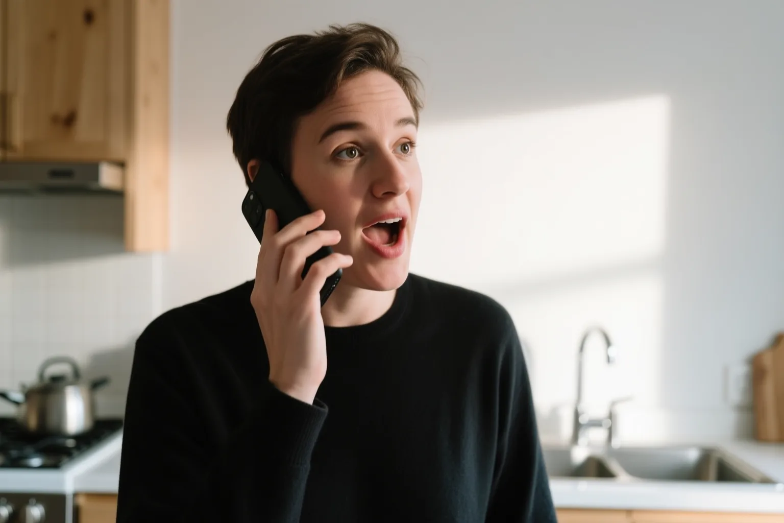 Person speaking Spanish aloud with a Langel on their phone, kitchen setting, morning light.
