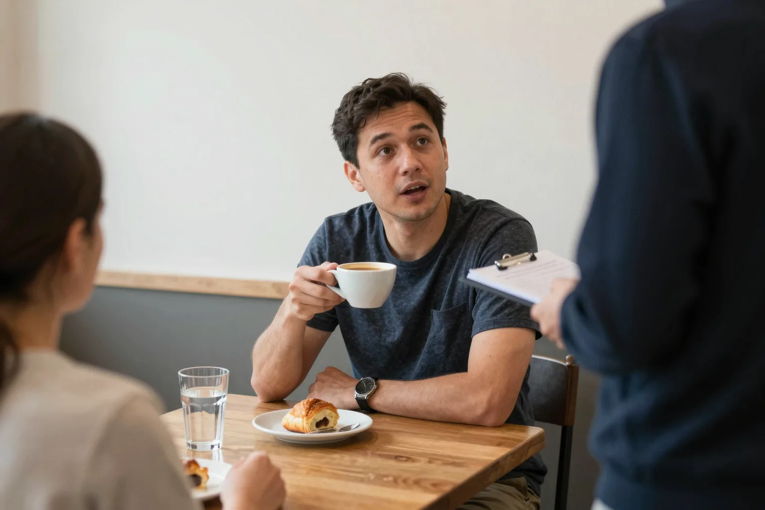 Person asking for the bill in a café, speaking to a waiter while holding a coffee cup