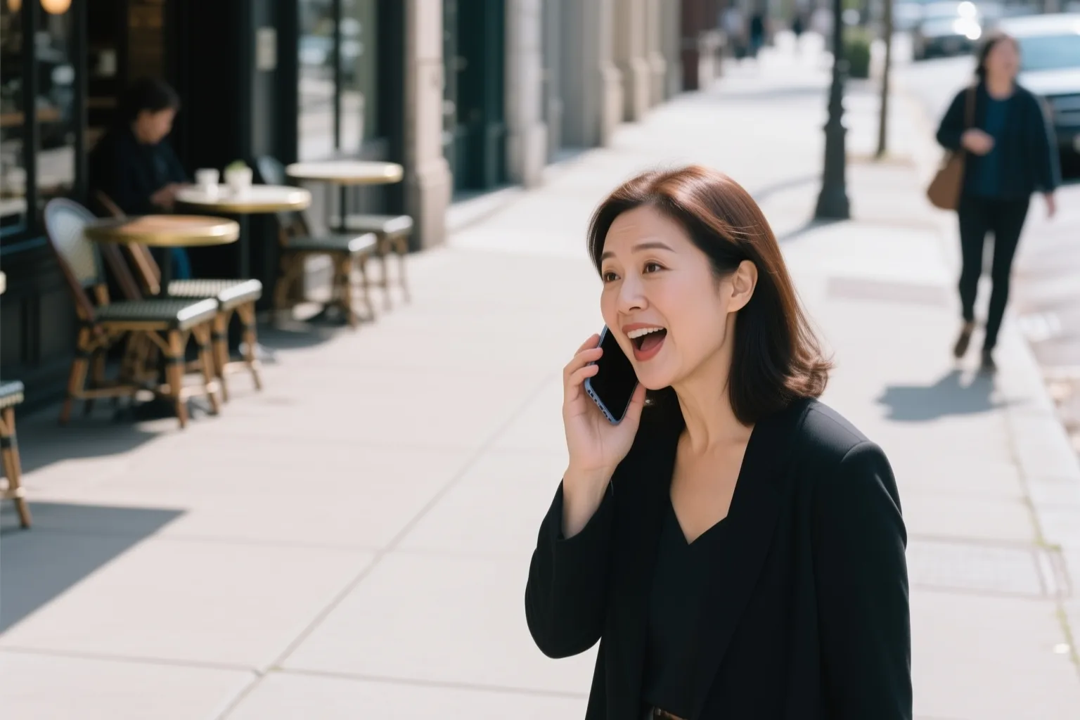 Woman greeting in Spanish on a sidewalk, speaking aloud while holding a phone, with a café background.