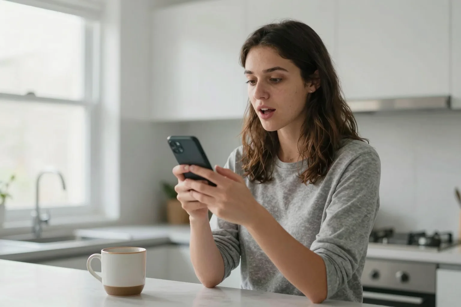 Young woman speaking Spanish self-introduction into her phone in a sunny kitchen, coffee mug nearby.
