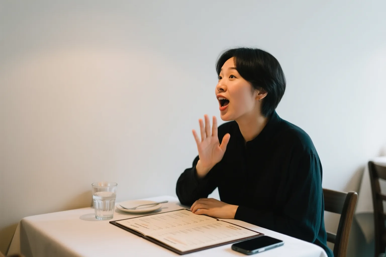 Person practicing Spanish restaurant phrases aloud at a table with a menu, water glass and phone