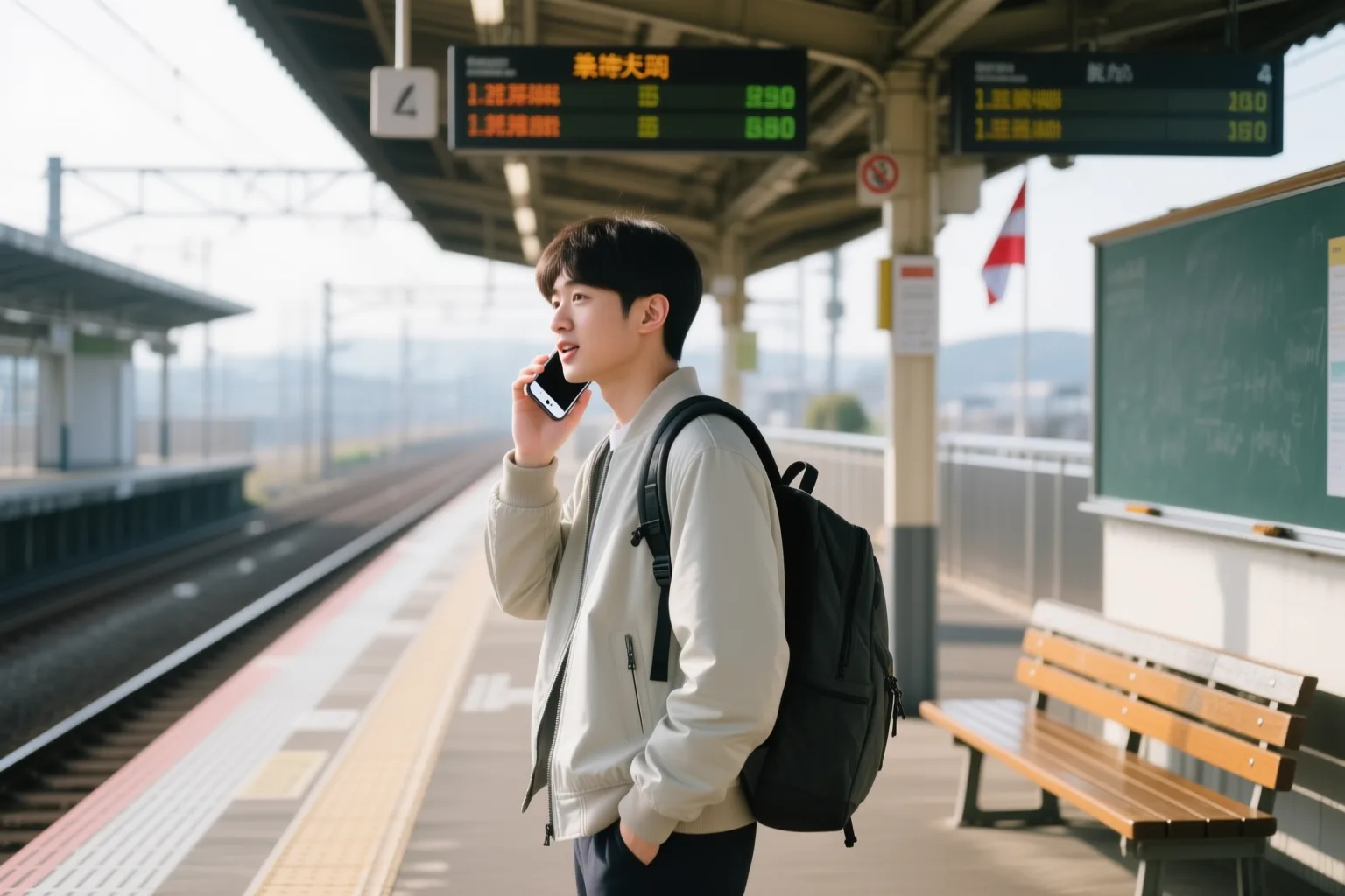 A learner speaking into a phone with a Spanish phrase card showing '¿A qué hora…?' on screen