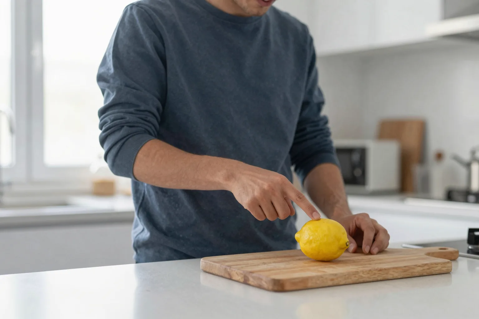A person pointing at a lemon on a kitchen counter, asking what it is in Spanish.