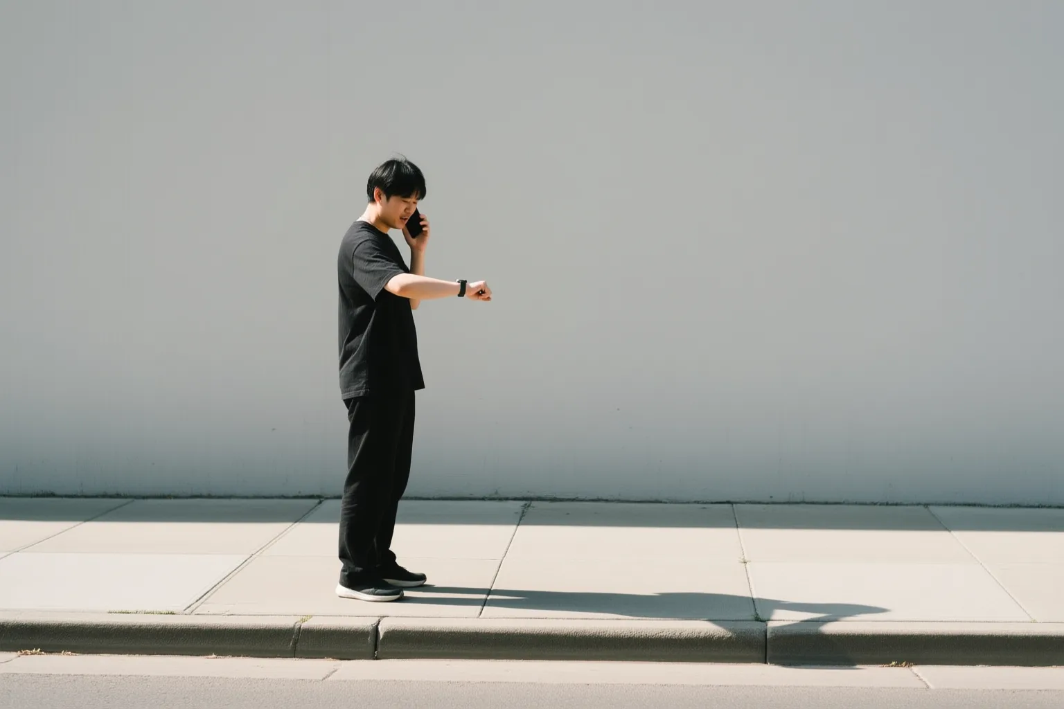 A person on a sidewalk asking the time in Spanish while holding a phone
