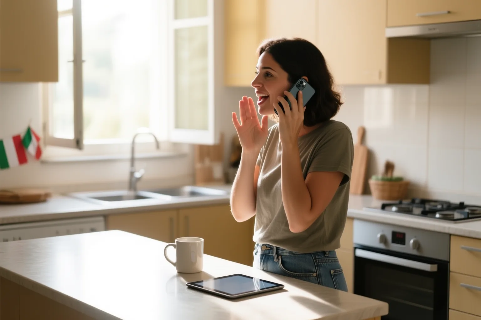 A person speaking Italian into a phone while a friendly Italian woman listens on screen