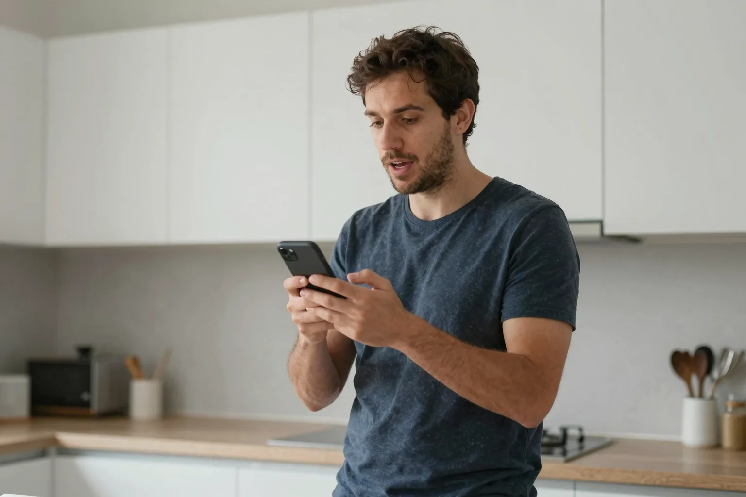 Two people smiling while talking, one holding a phone showing the Langels app