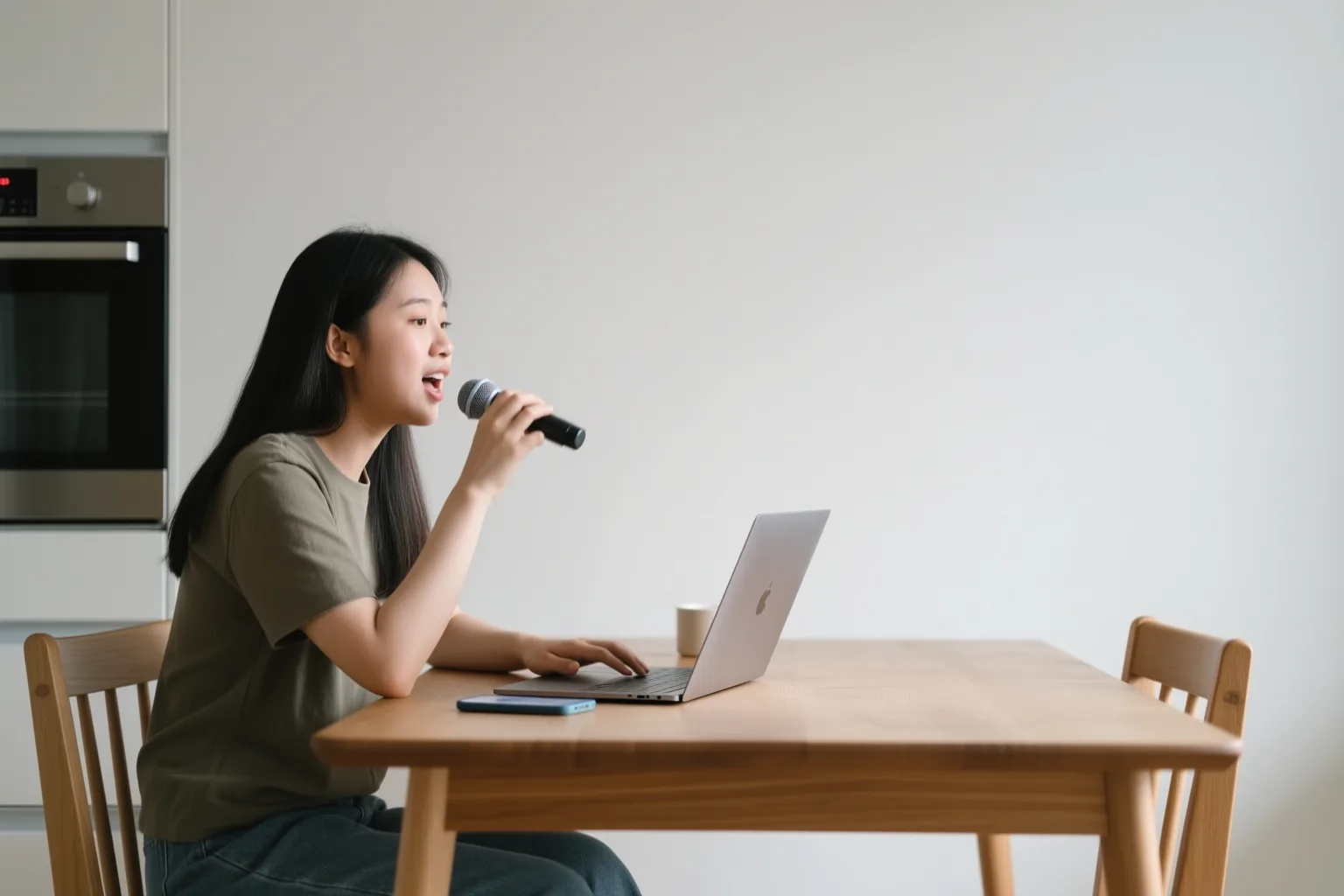 Young woman practicing Portuguese aloud at her kitchen table, laptop open, speaking to a voice partner.