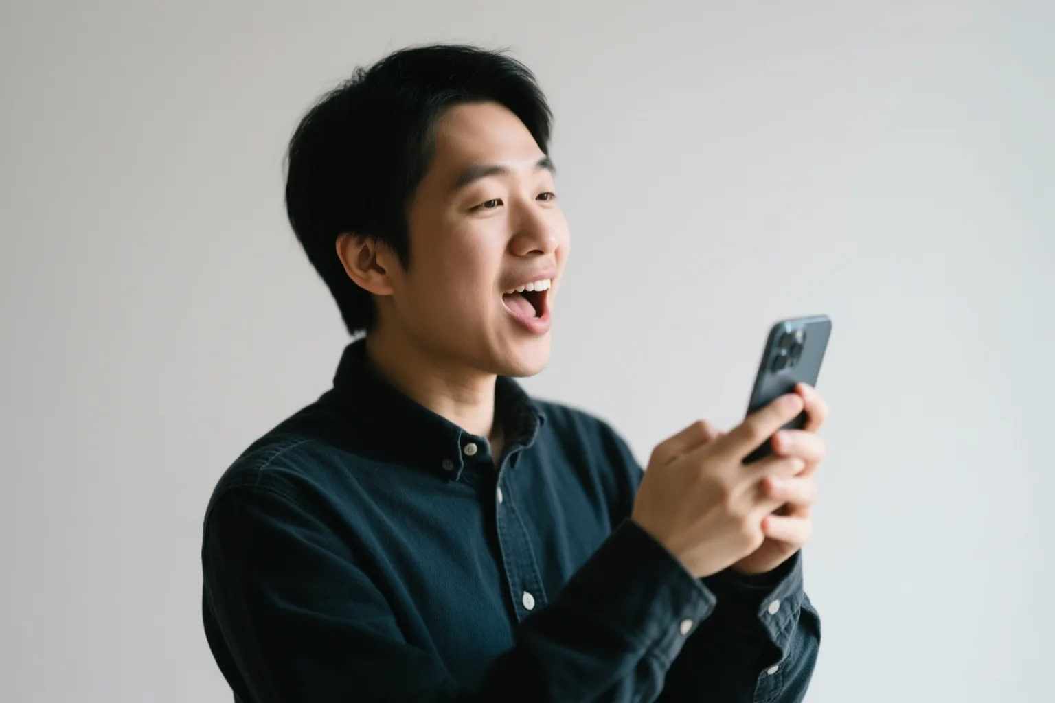 Two people smiling while talking, one holding a phone showing the Langels app