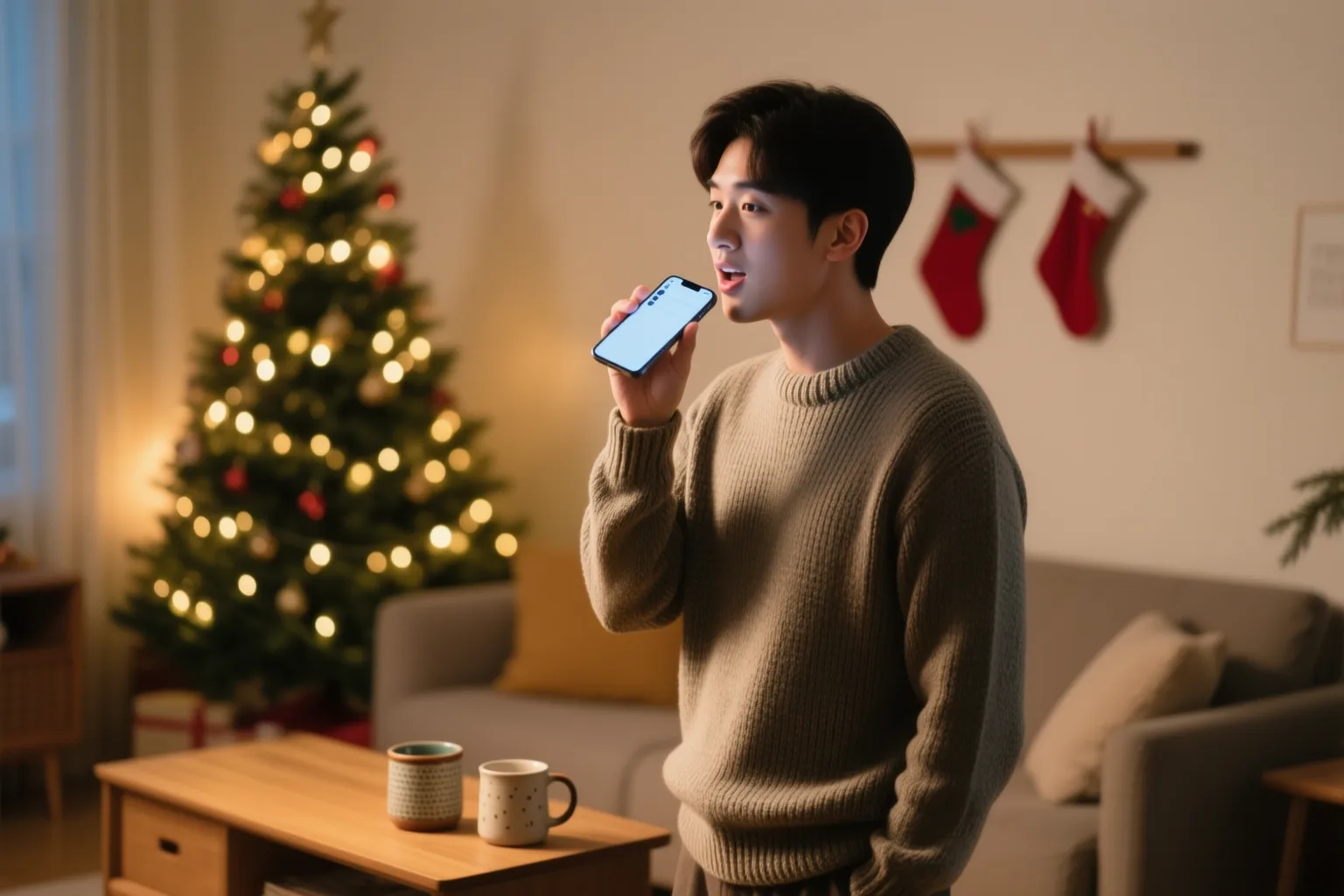 A person smiling while holding a phone, sound waves showing Spanish pronunciation of Feliz Navidad