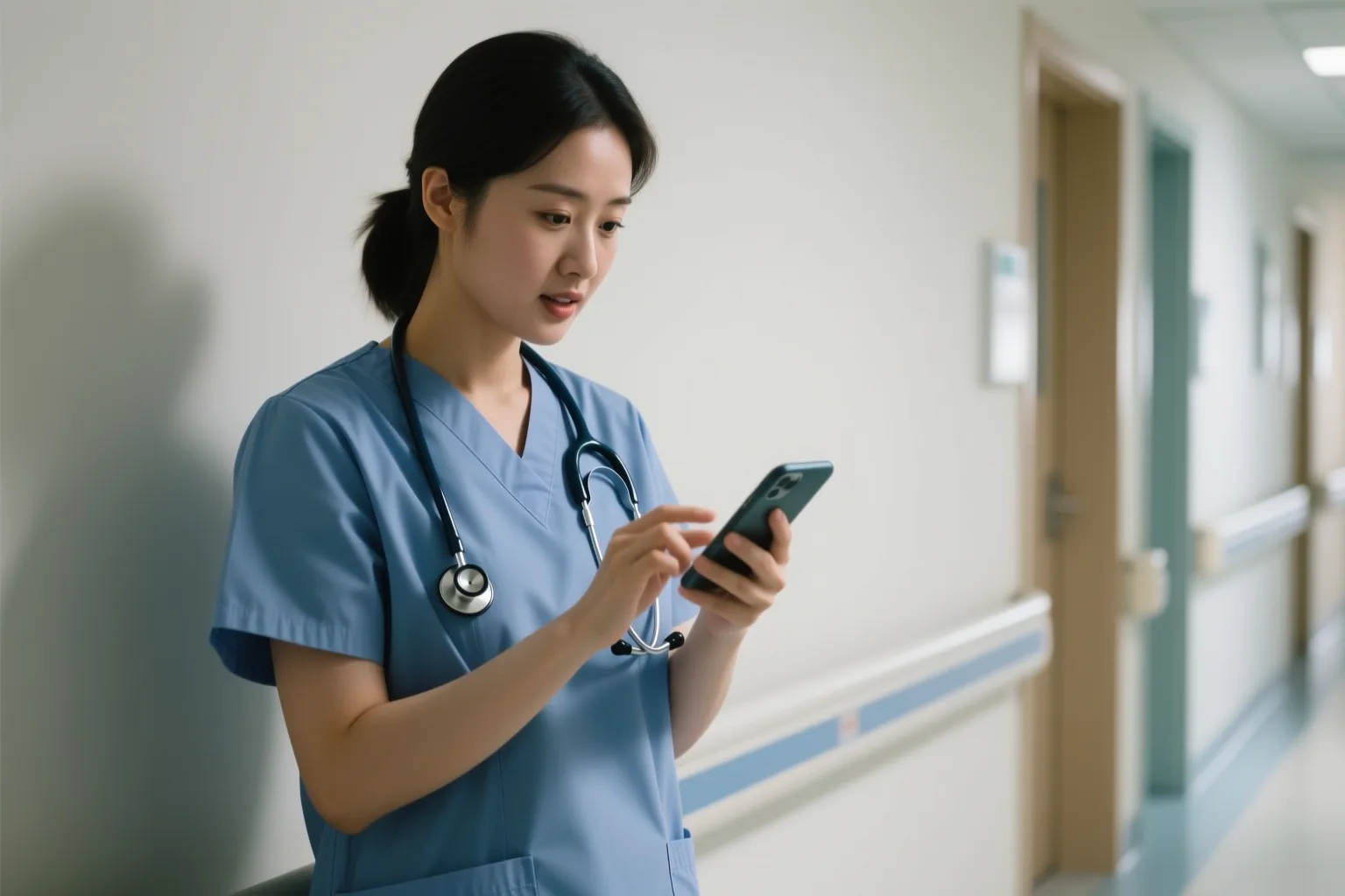 Nurse in scrubs practicing Spanish on phone in hospital hallway, stethoscope around neck.