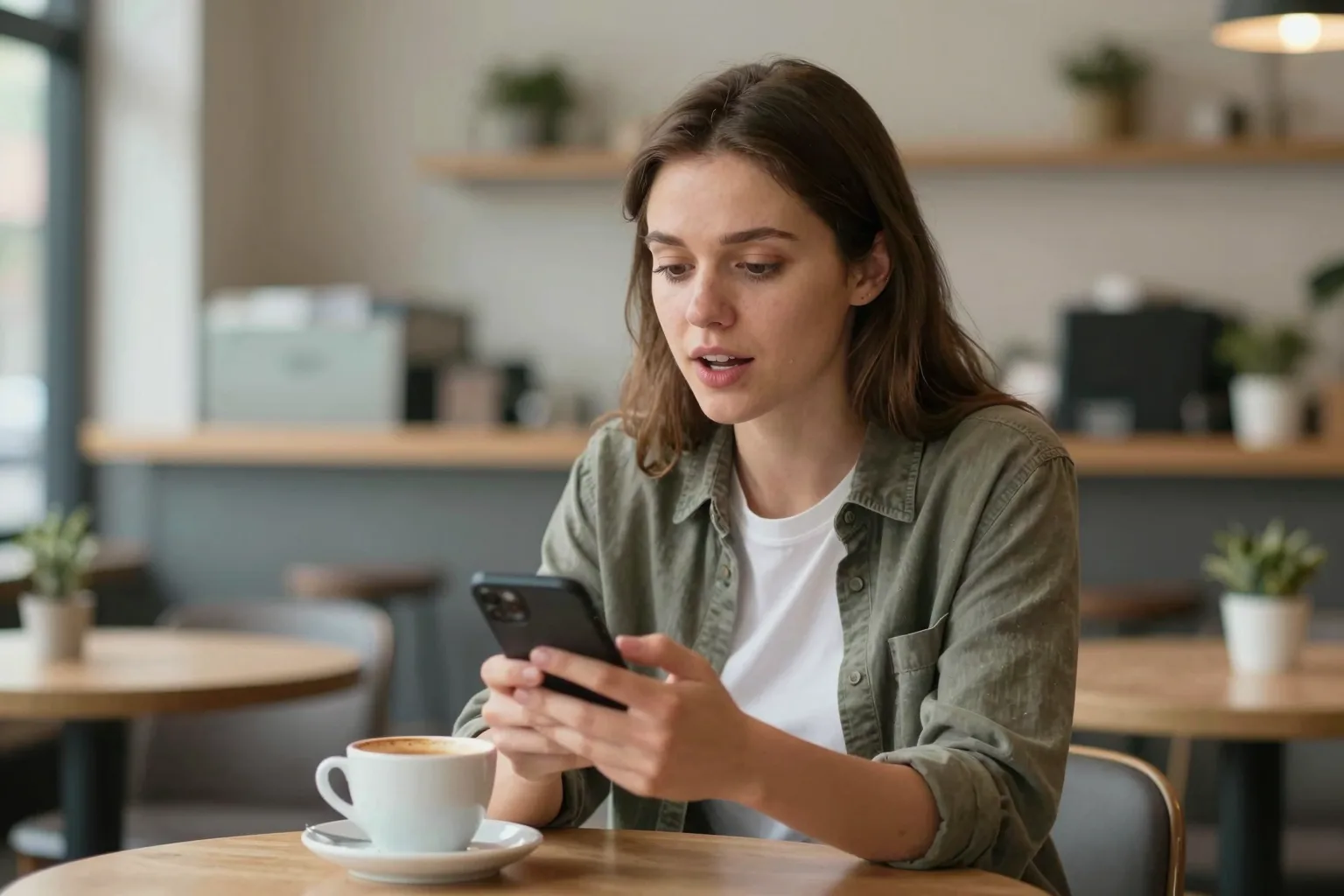 Femme parlant anglais à voix haute avec son smartphone dans un café, tasse de café devant elle.
