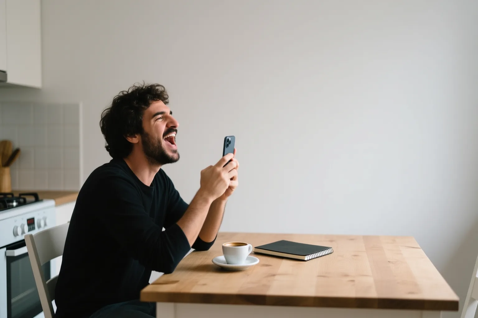 Personne parlant italien à voix haute avec son téléphone sur une table de cuisine, espresso et carnet à côté.