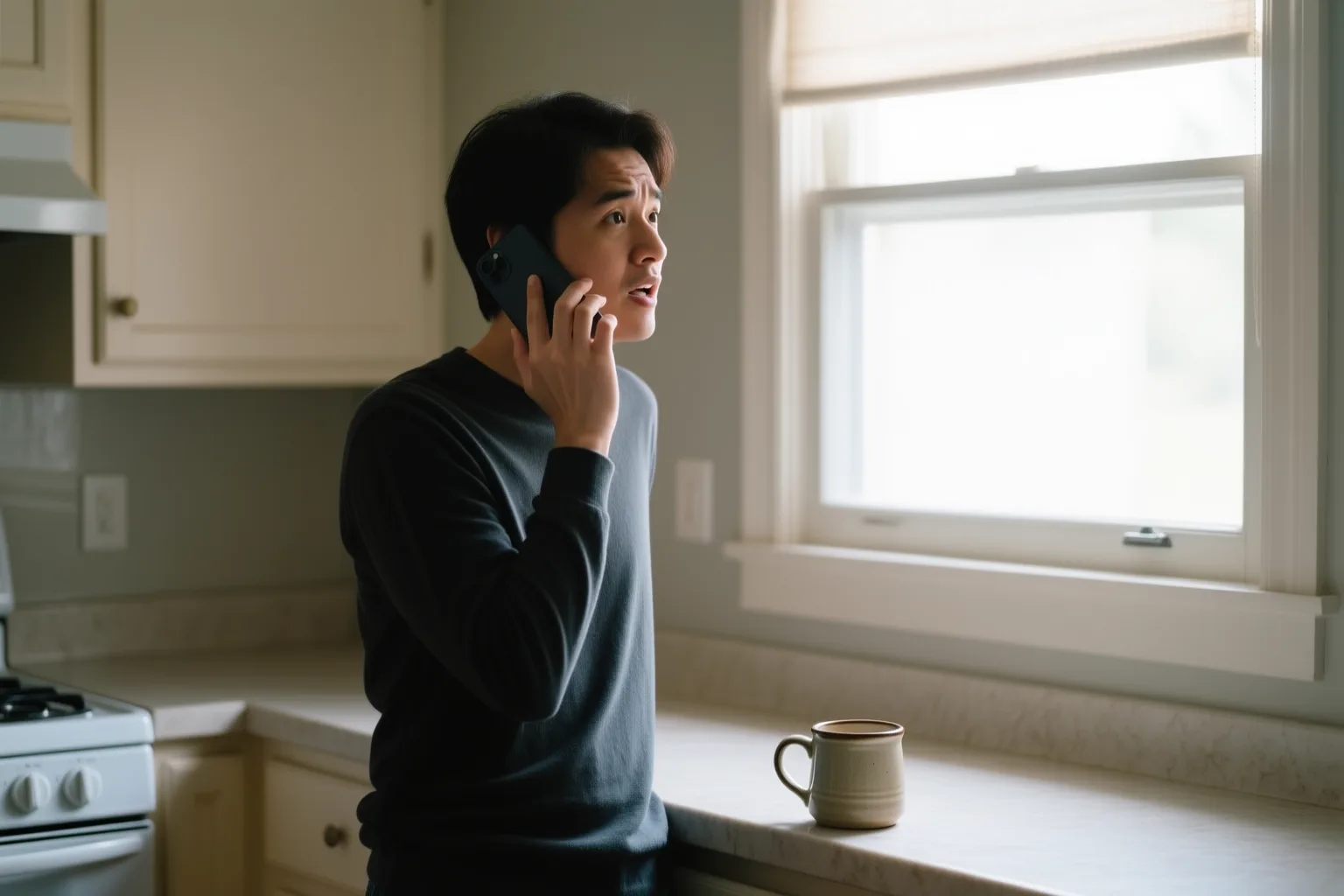 Person asking permission on phone in kitchen, checking if something is okay in Spanish