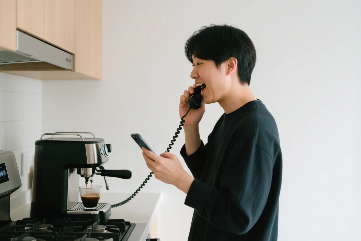 Person speaking Spanish into a phone while making coffee in a kitchen, practicing hello greetings aloud.