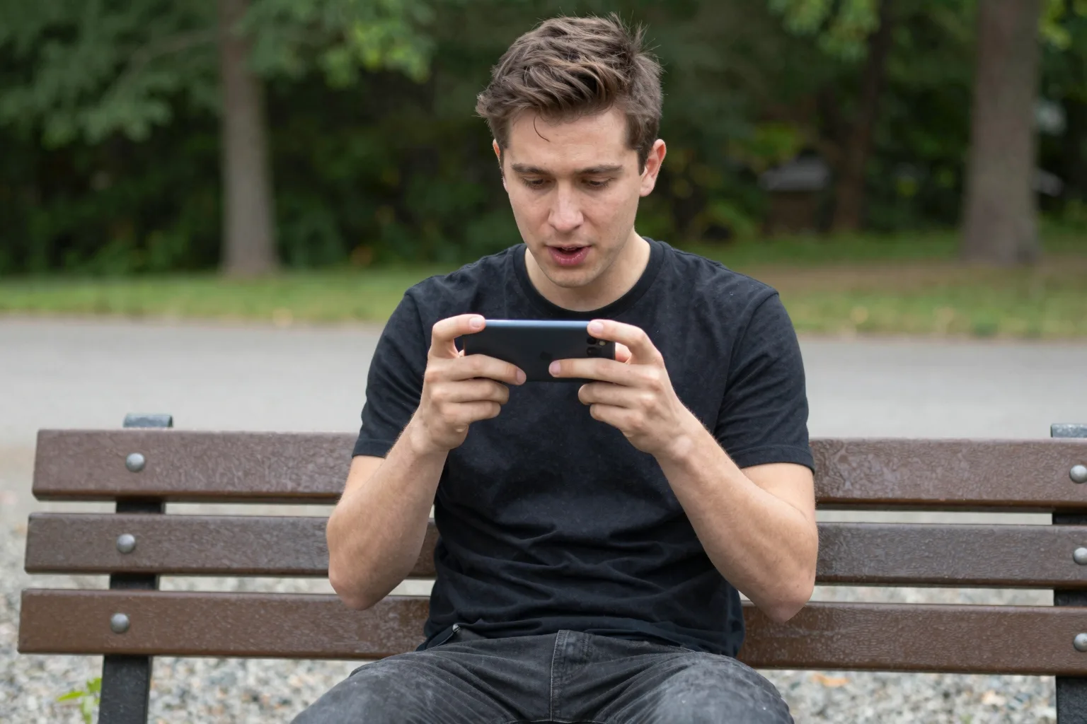 A person holding their phone, practicing how to ask and answer about favorite colors in Spanish.