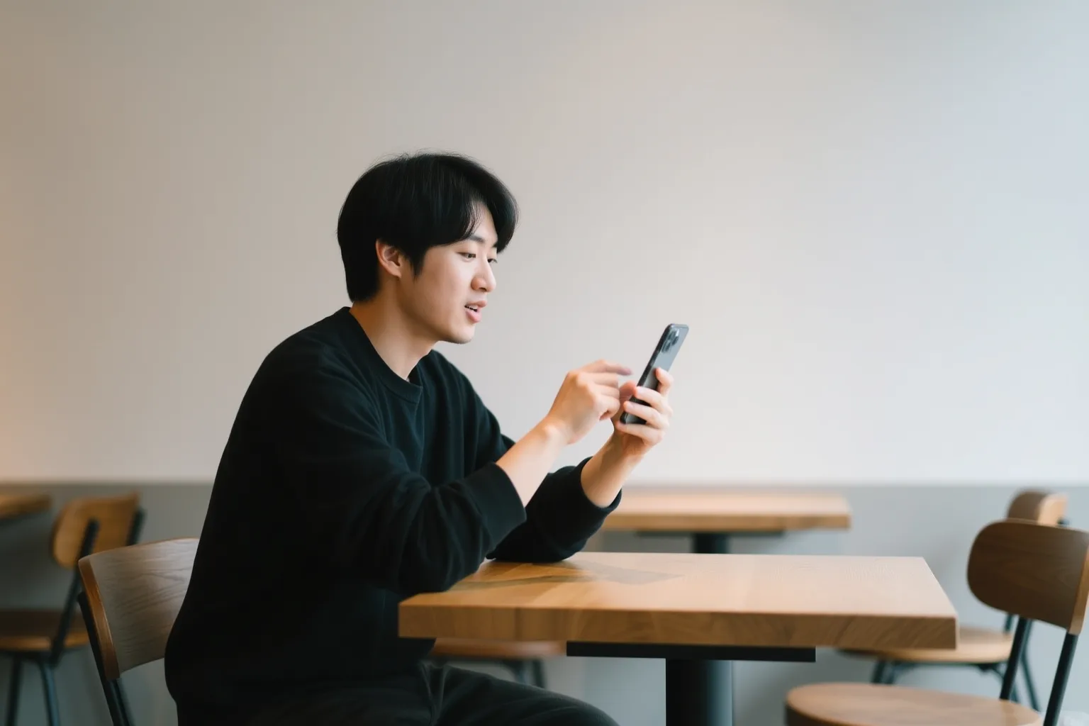 Person practicing Spanish on phone in a cafe