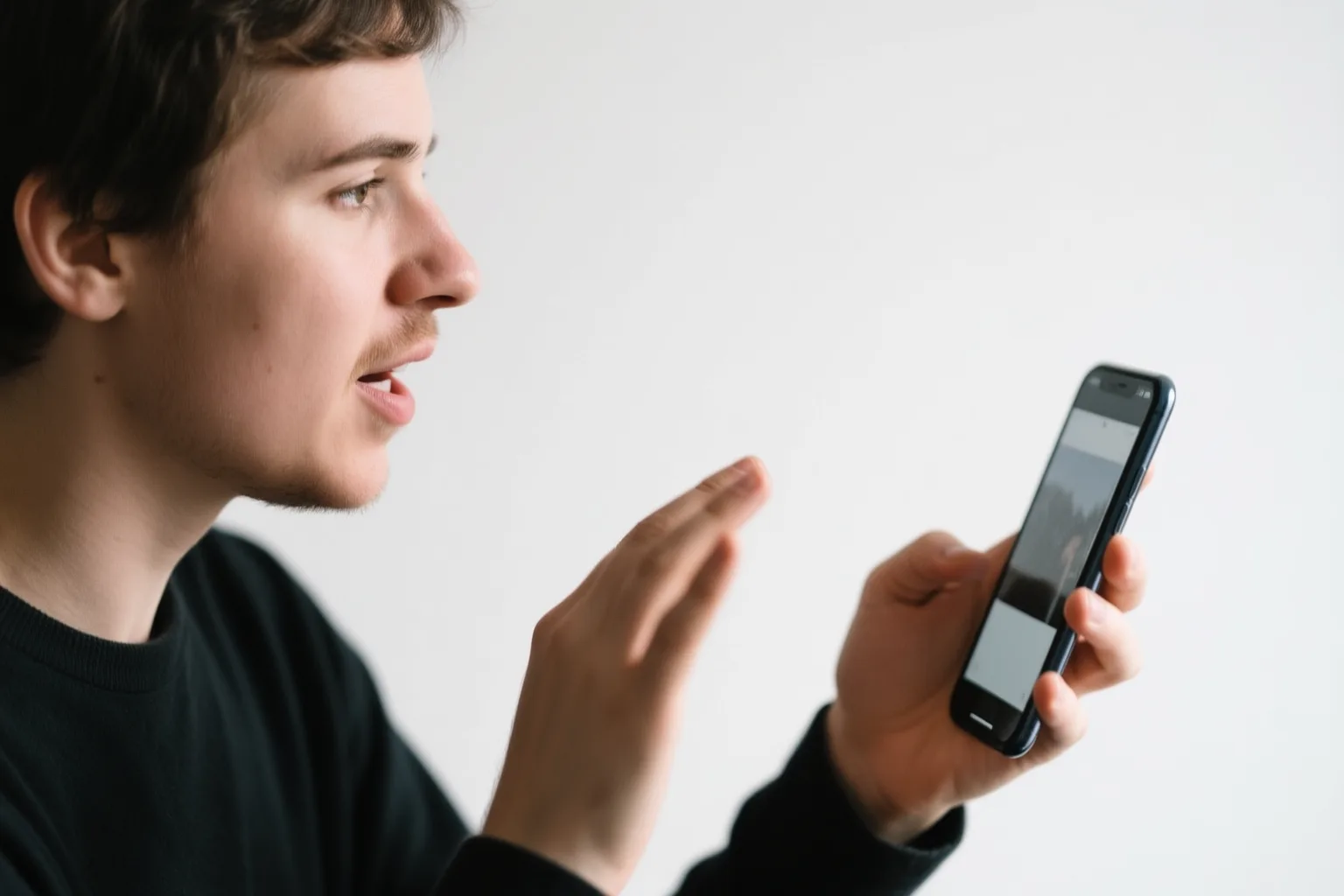 Person holding phone practicing Spanish pronunciation of sí with a Langel