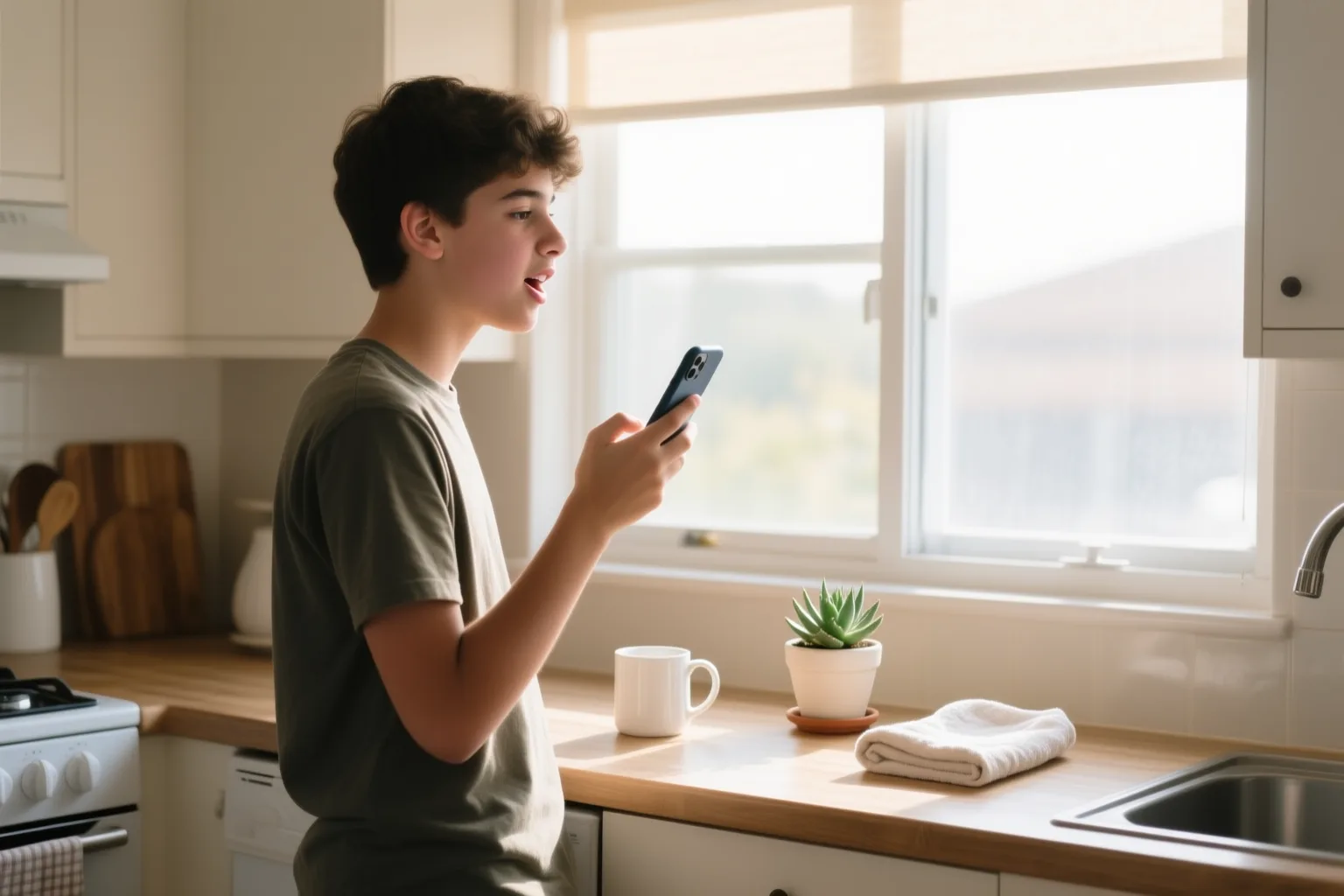 A person practicing Spanish pronunciation of beautiful words with a phone