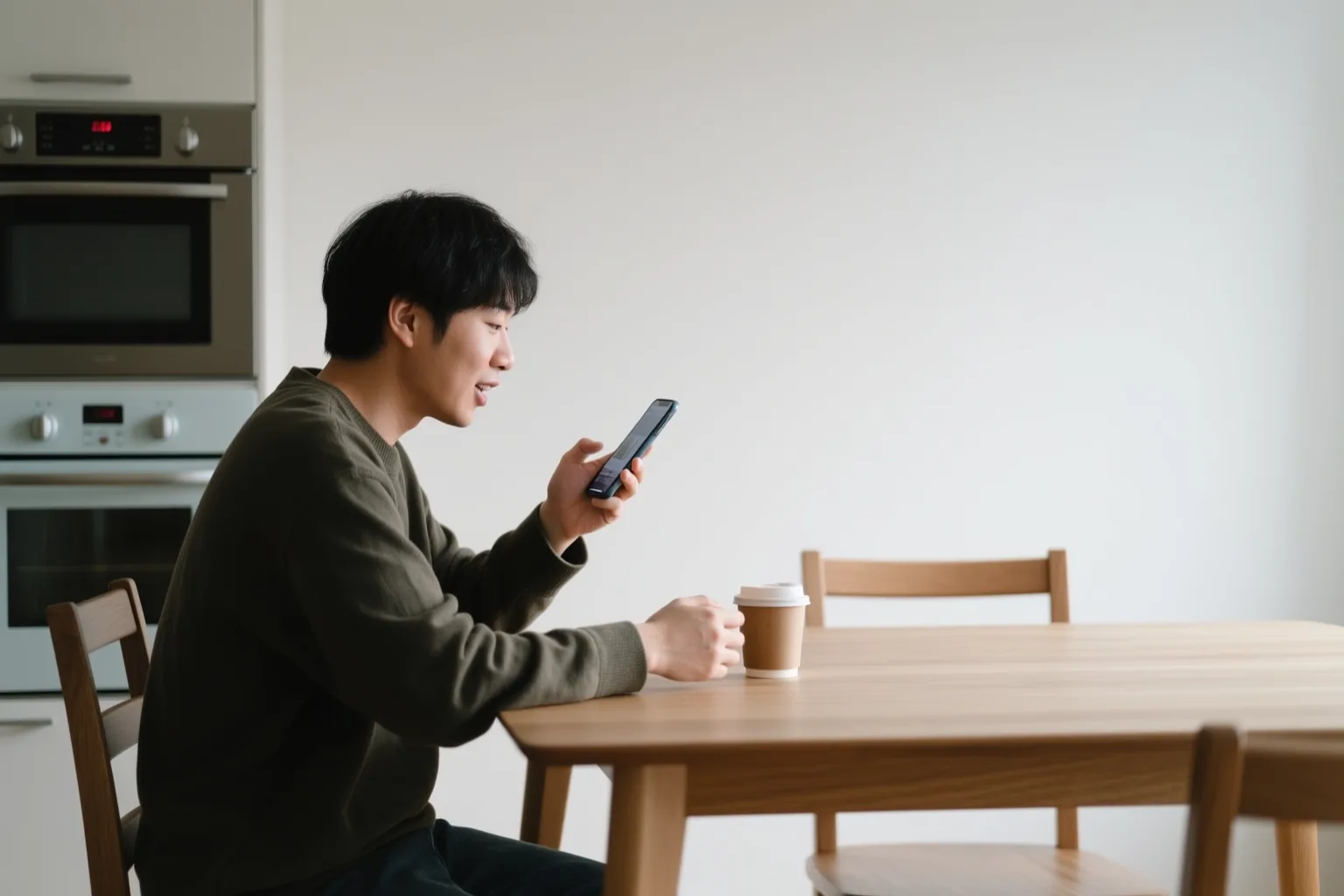 A person practicing Spanish speaking on their phone at a kitchen table with coffee