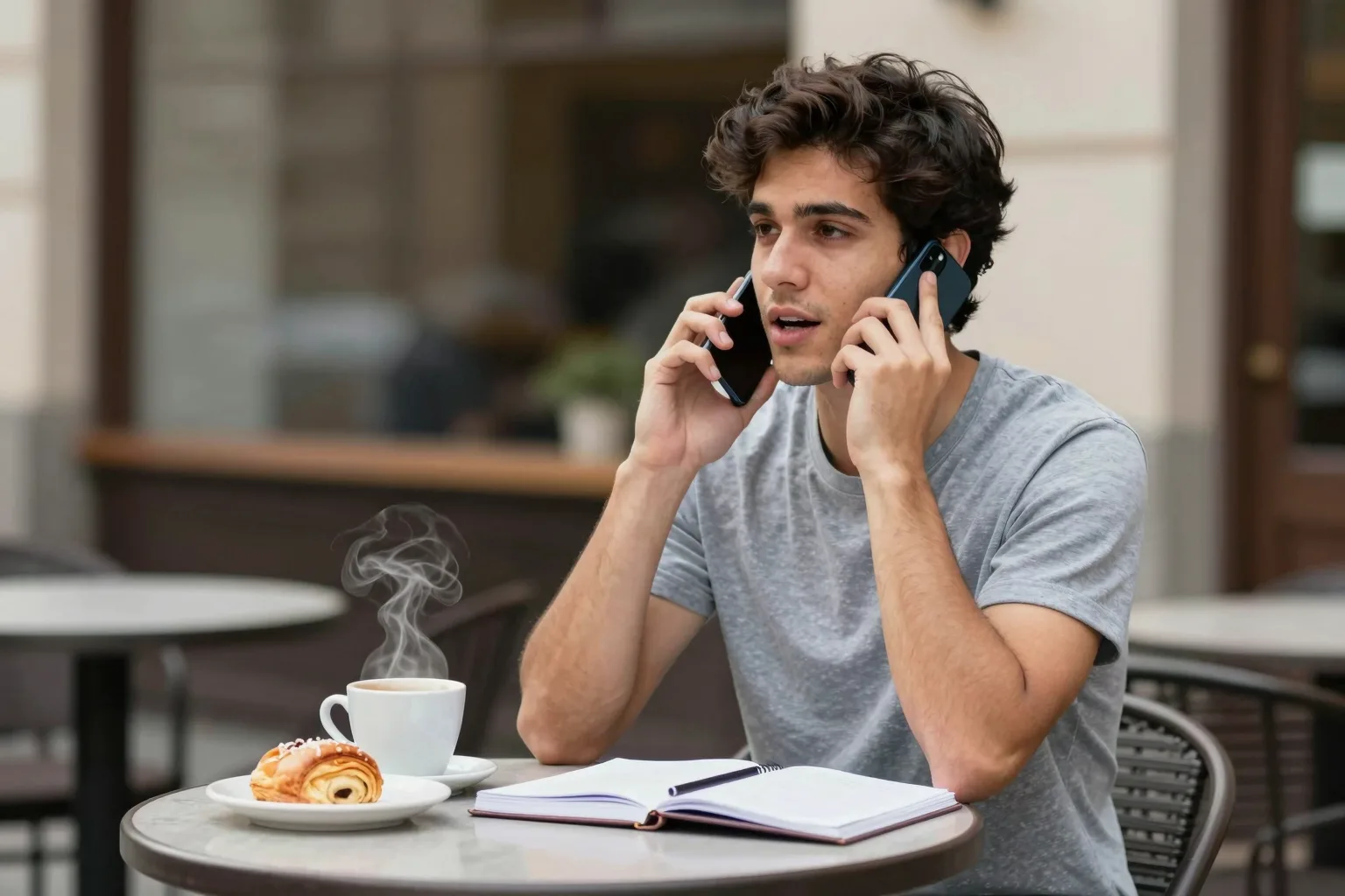 Young person practicing Spanish with AI tutor on phone at café, coffee cup and notebook nearby