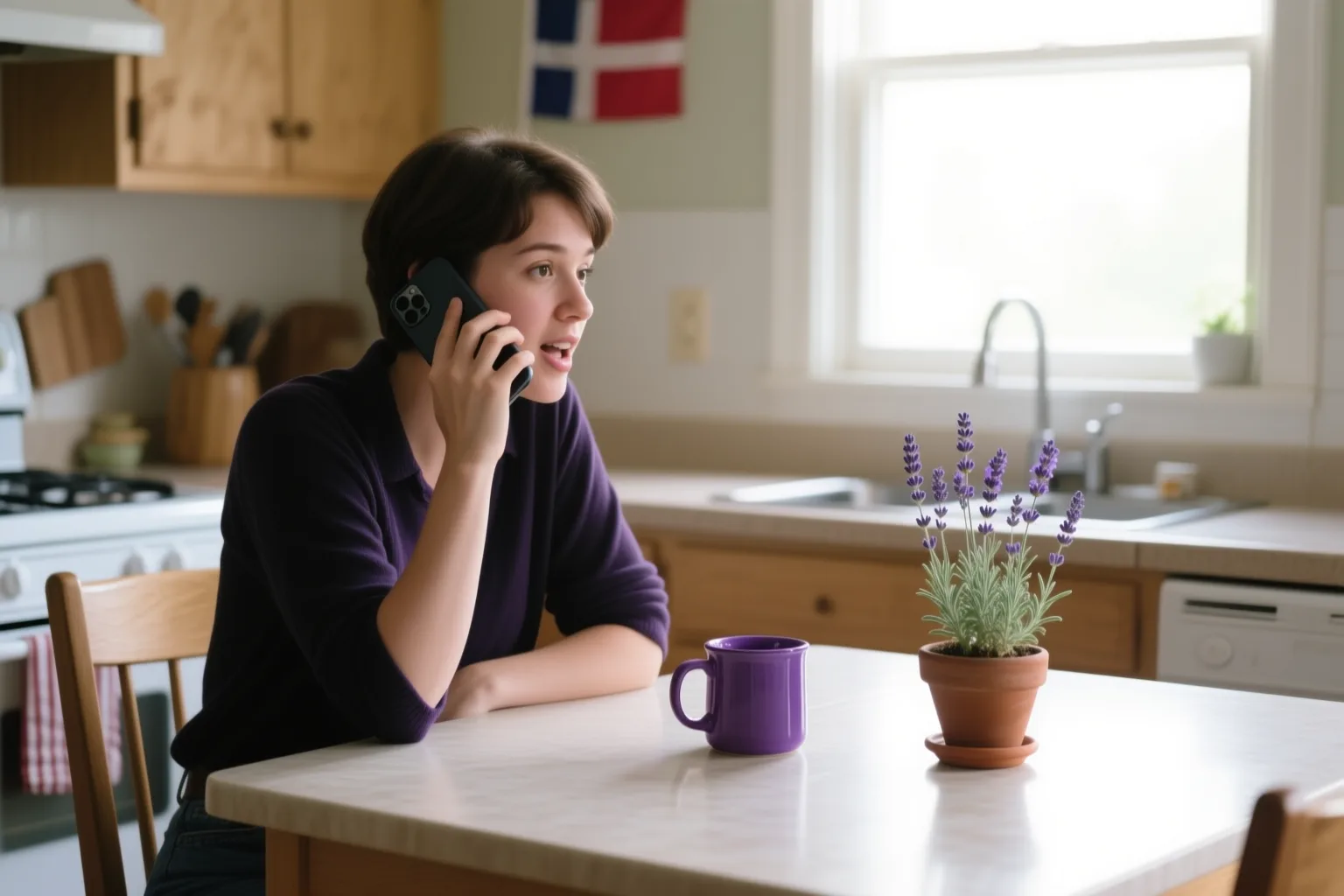 Person holding phone, practicing Spanish color word purple aloud with Langels voice companion