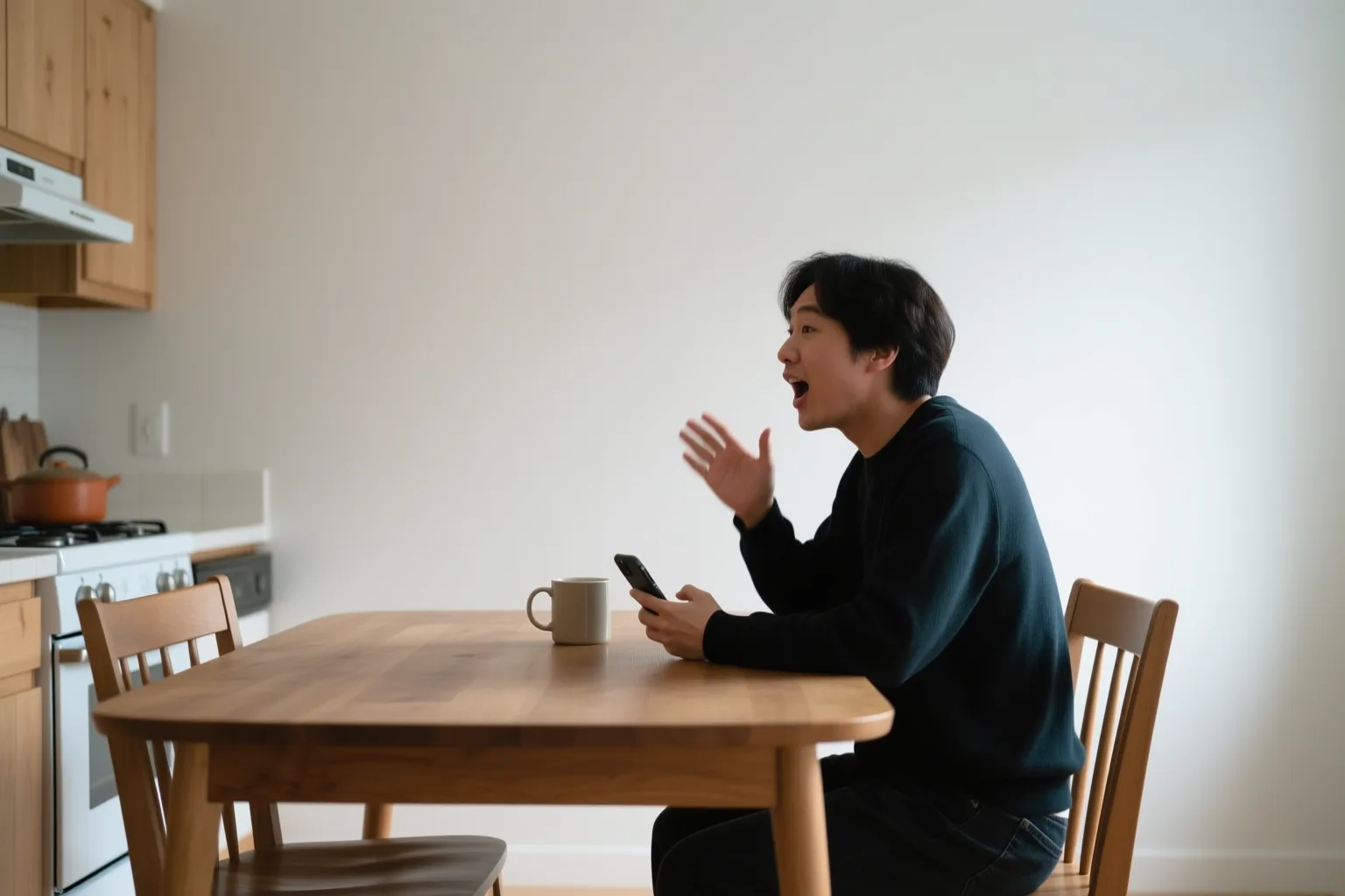A person speaking Spanish aloud while sitting at a kitchen table with a coffee mug