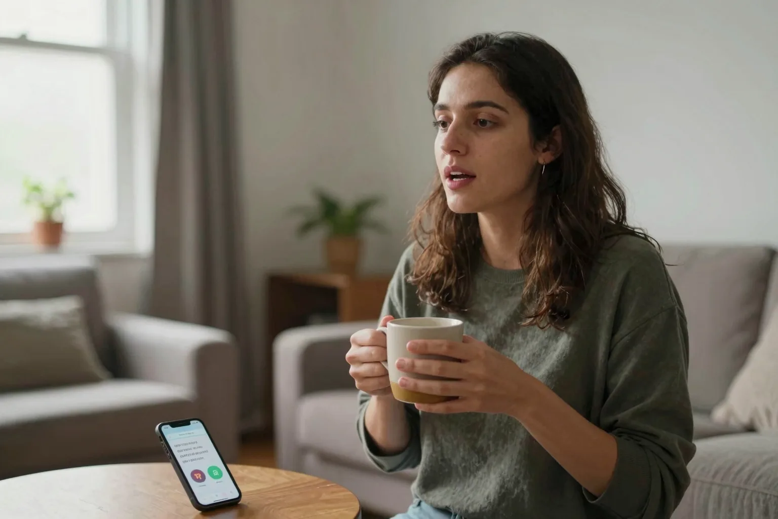 Woman speaking a romantic Spanish phrase aloud in a bright living room, holding a mug, phone nearby.