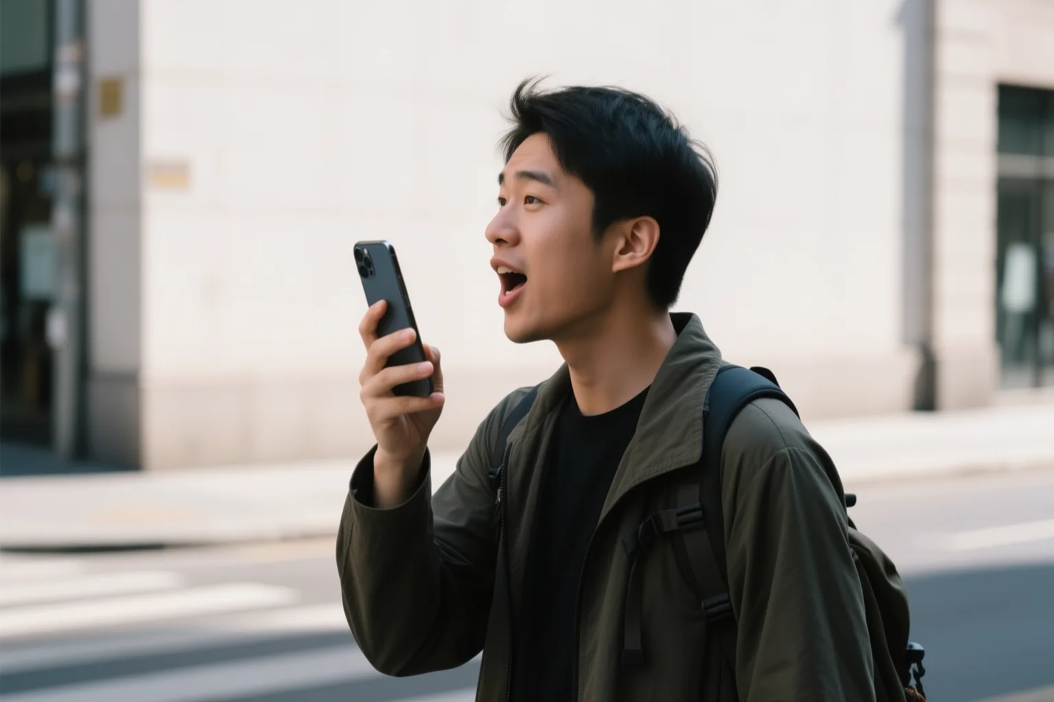 Traveler practicing Spanish phrases aloud on a city street, holding a smartphone