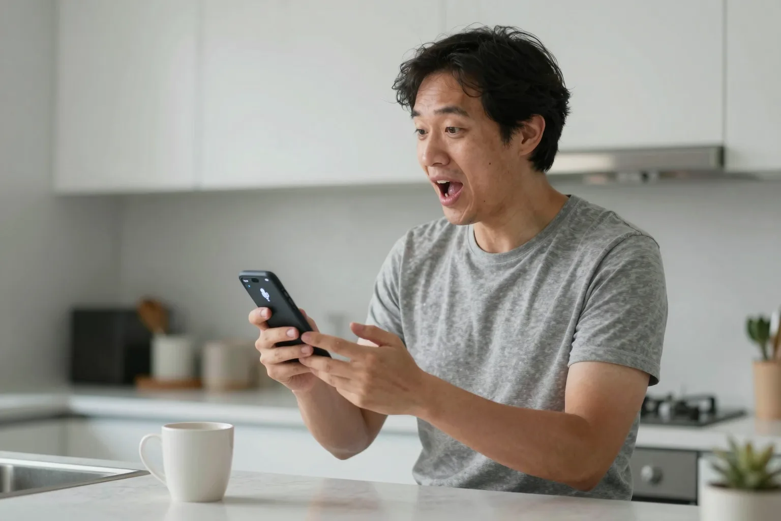 Person speaking into smartphone in kitchen, coffee mug nearby