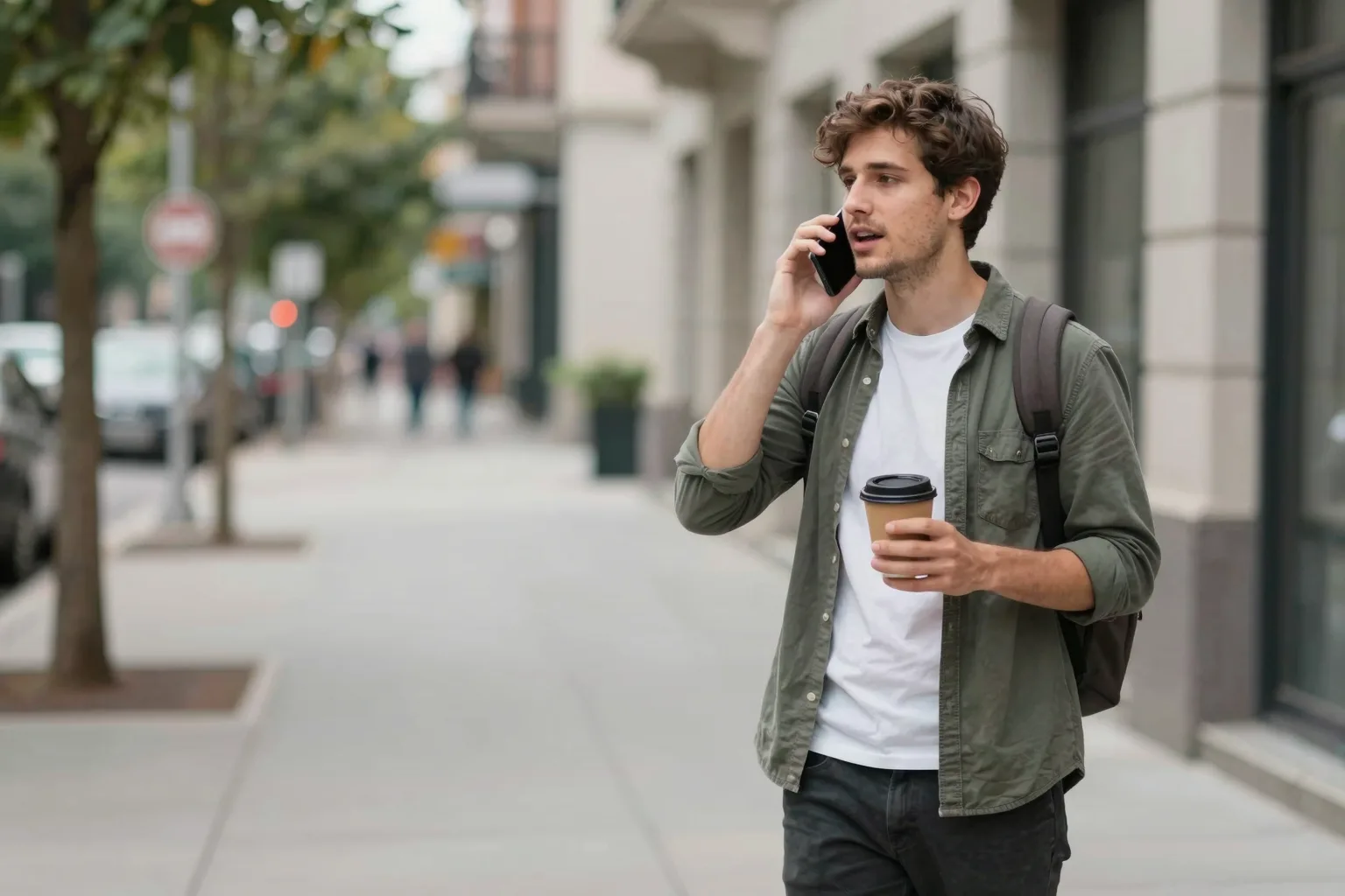 Person speaking Spanish into phone on a city street, holding a coffee cup