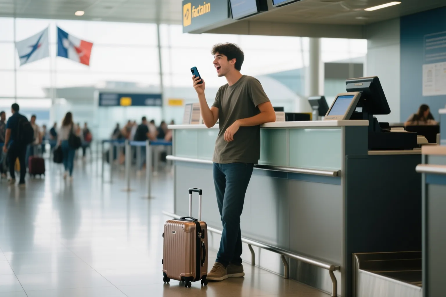 Viajero practicando inglés en voz alta con el móvil en una terminal de aeropuerto